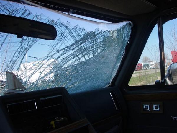 Van windshield bent in - inside view.