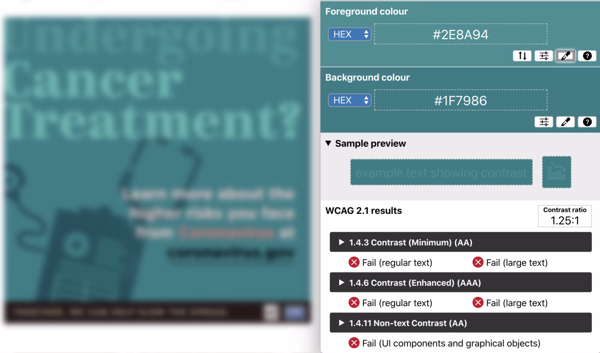 PSA with low vision simulation filter applied – color contrast ratio of 1.25:1 with the word 