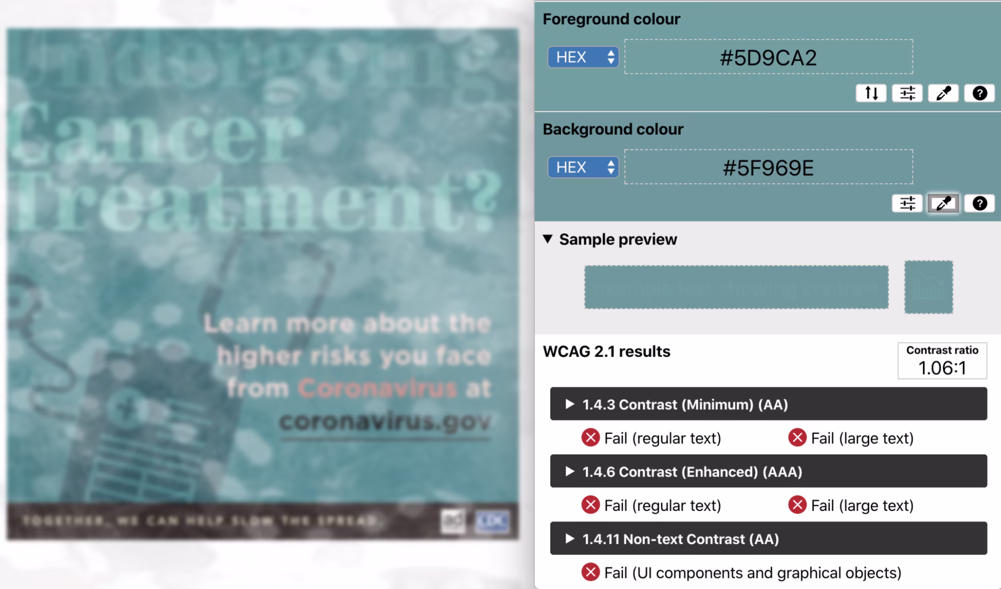 PSA with cataract simulation filter applied – color contrast ratio of 1.06:1 with the word 