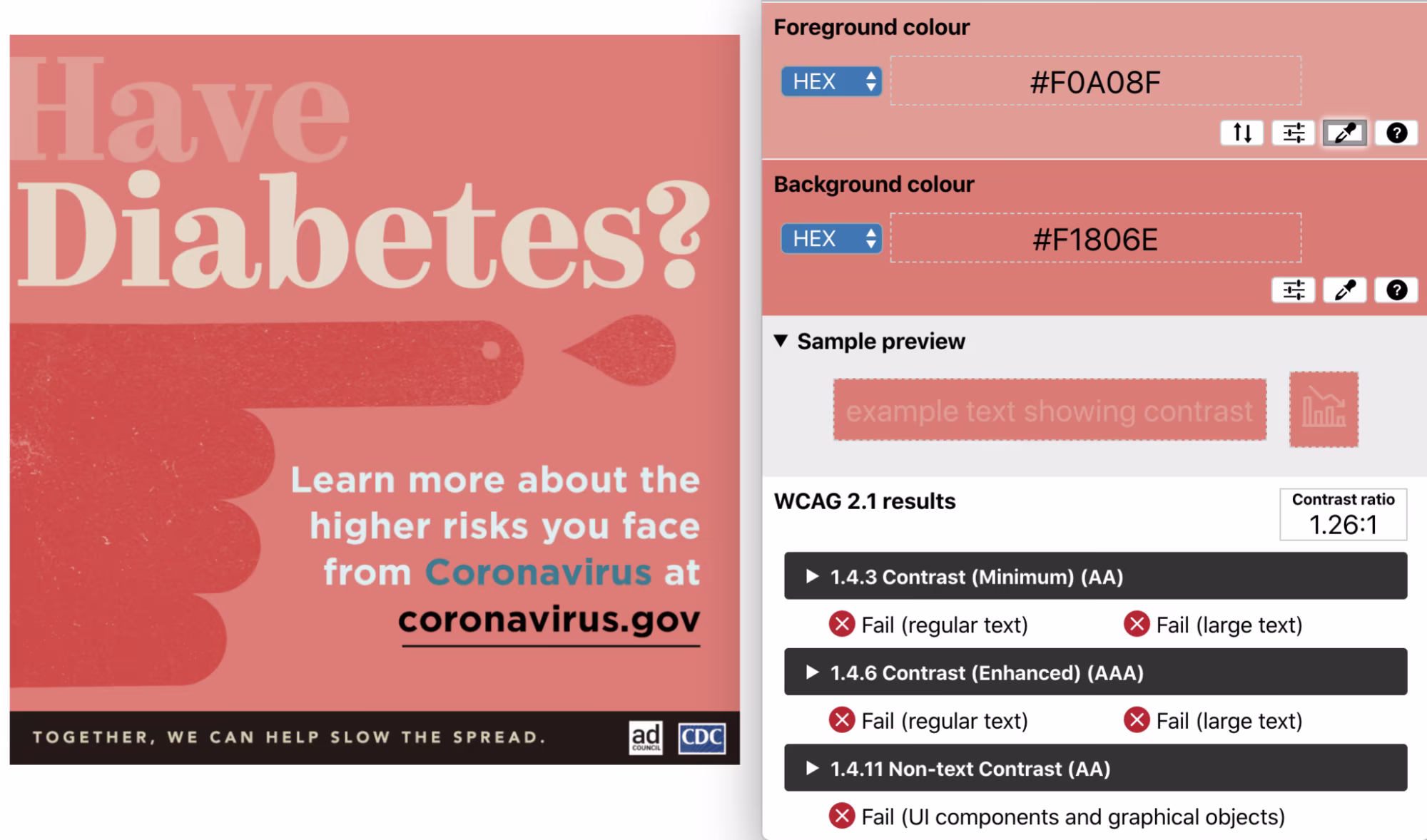 Original PSA – color contrast ratio of 1.26:1 with the text 
