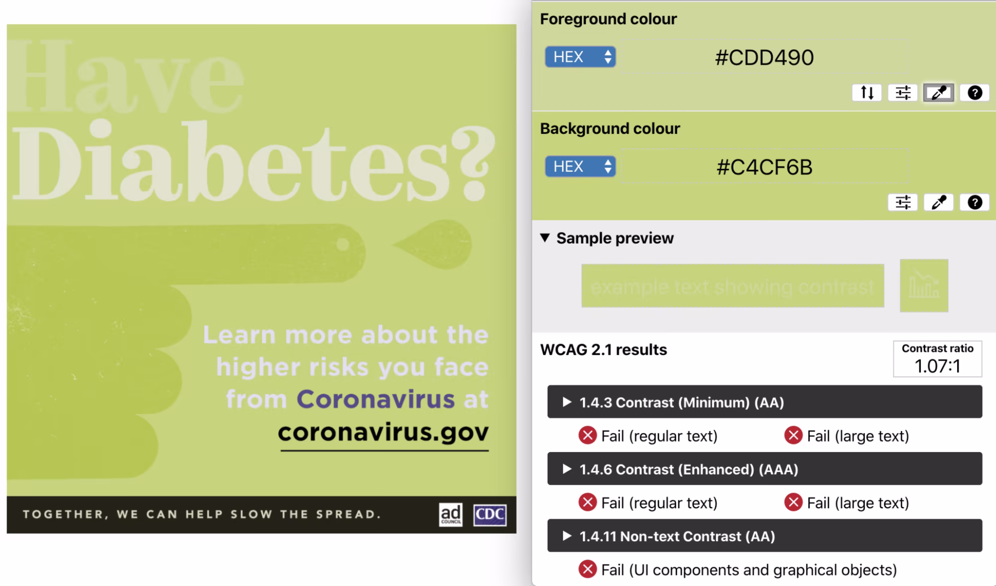 Deuteranopia simulation filter applied – color contrast ratio of 1.07:1 with the text 