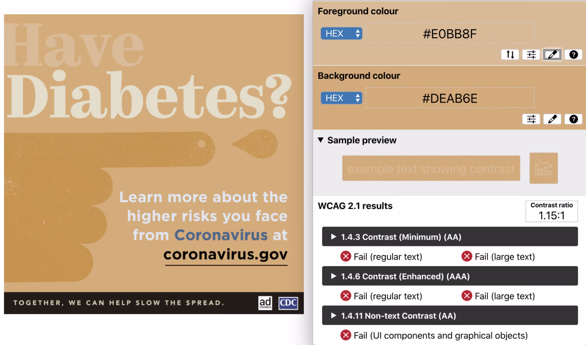 Protanomaly simulation filter applied – color contrast ratio of 1.15:1 with the text 