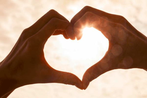 Two hands coming together to make a heart with the sunlight filtering through.