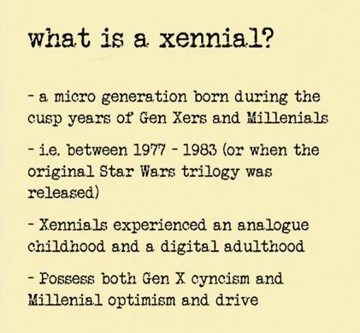What is a Xennial? A micro generation born during the cusp years of Gen Xers and Millennials (1977-1983).