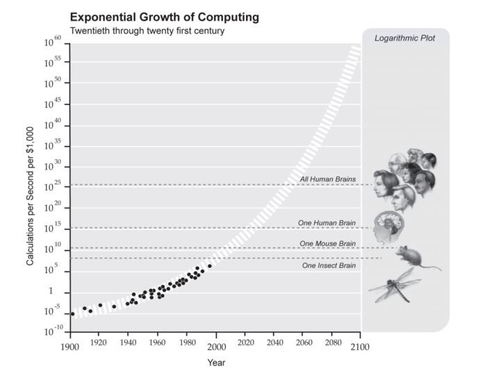 Chart showing exponential growth of computing vs the brain power of different creatures (including humans)
