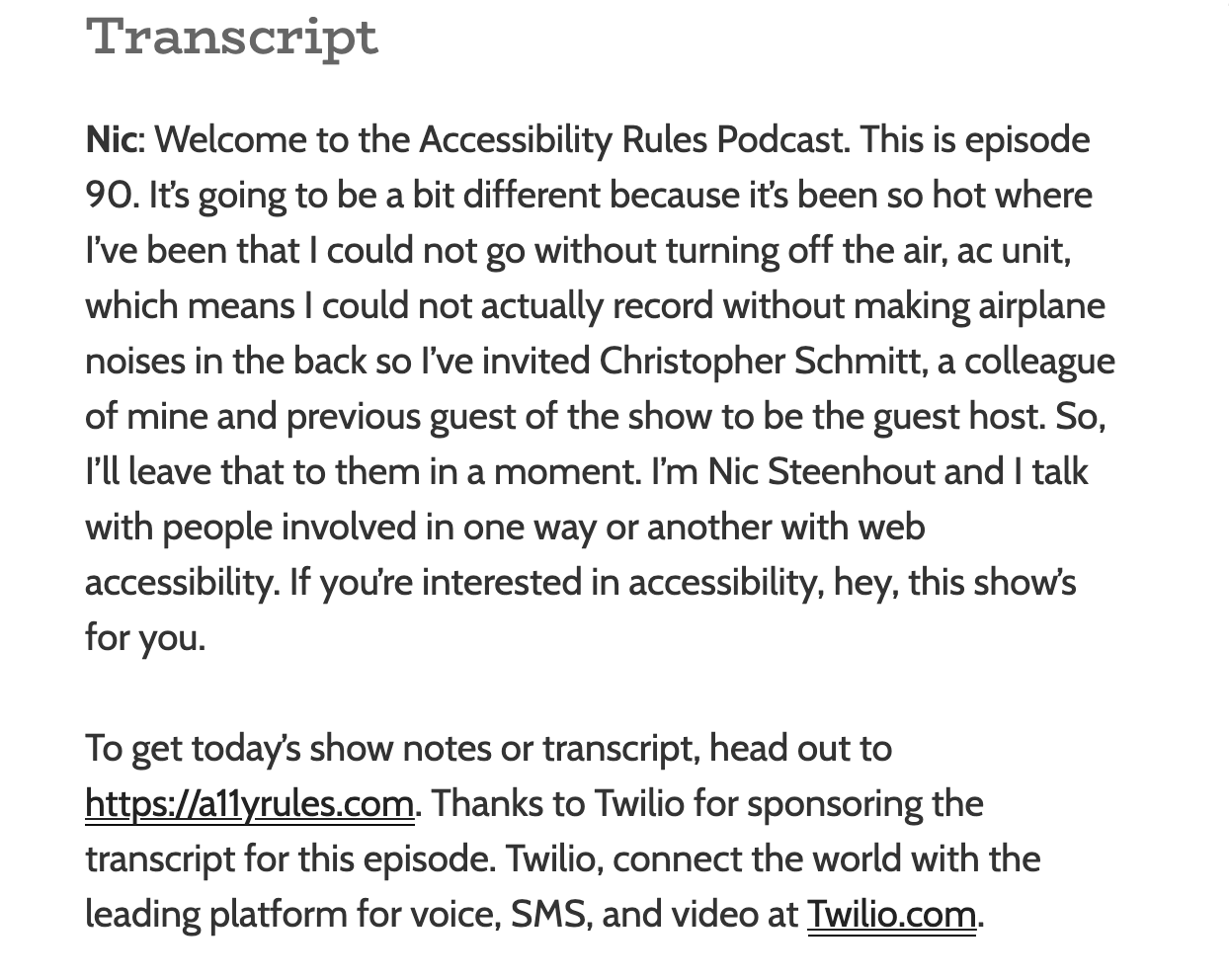 Screenshot of a11yrules podcast transcript