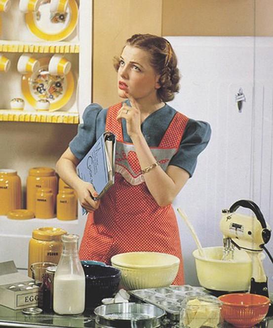 1950s housewife thinking about what she will make for dinner.