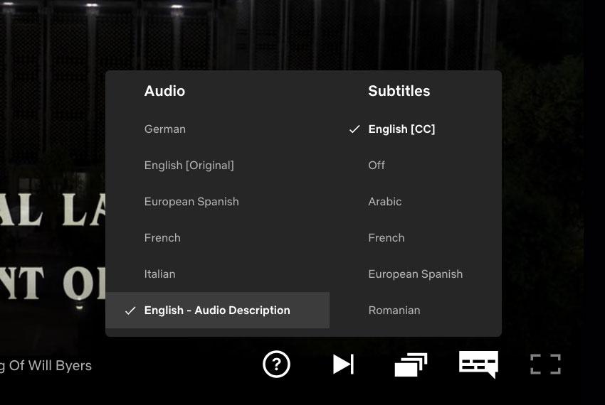 Audio description options on Netflix