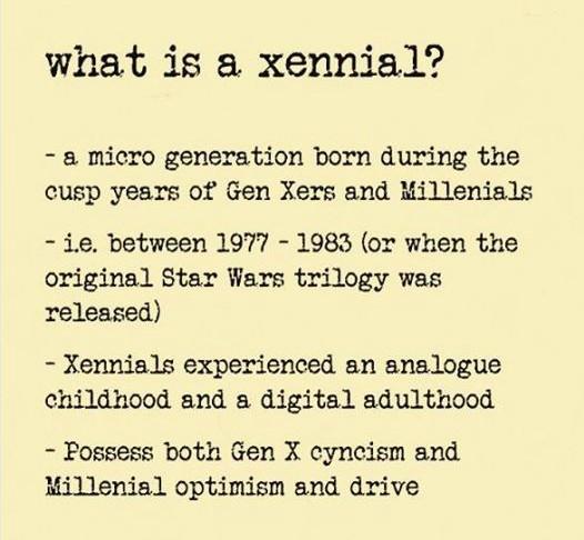 What is a Xennial? A micro generation born during the cusp years of Gen Xers and Mullenials (1977-1983).