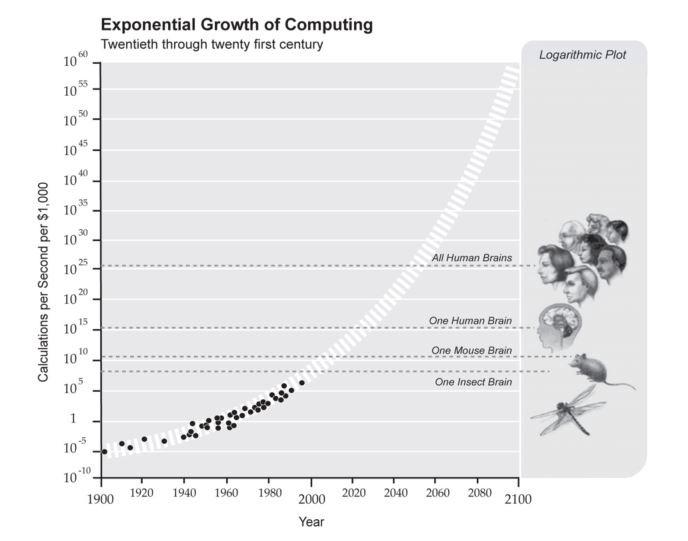 Chart showing exponential growth of computing vs the brain power of different creatures (including humans)