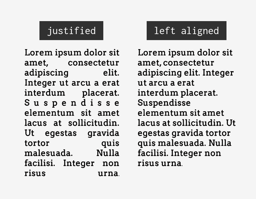 Fully justified text (bad) vs. left aligned text (good).